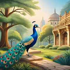 Traditional Mughal forest garden, peacock, palace illustration for wallpaper