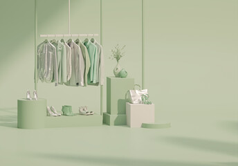 Female clothes hanging on rack with podium and mannequin on pastel green background. Creative composition. Light background with copy space. 3D render for web page, presentation, studio, store fas