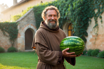 portrait of smiling friar with habit and gray beard showing a large slice of watermelon in the courtyard of the convent