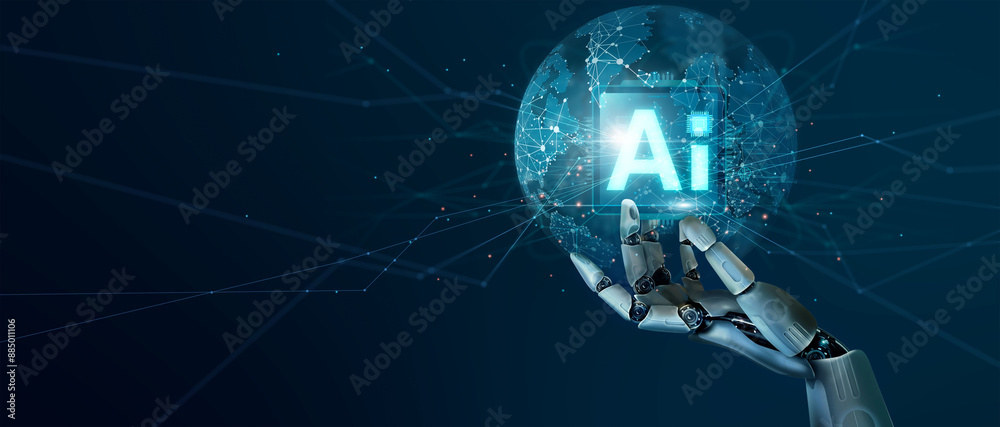 Poster Ai technology, Machine learning, Chatbot, Hands of robot touch Ai network, Data exchange on global network connection, Deep learning, Innovative, Business and artificial intelligence technology.