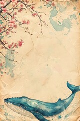 watercolor vintage scrapbook junk journal page, copy space in center, watercolor clipart of Whale and Sea Blossoms on parchment paper, for Junk Journal, Digital Paper, Printable 