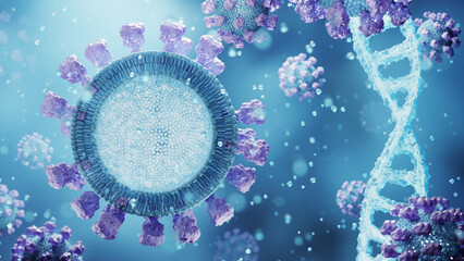 Close-up 3D rendering of a phospholipid structure in a blue and purple color scheme, showcasing molecular details and DNA strands.