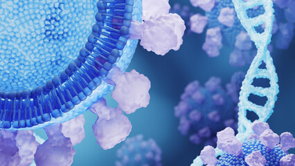Close-up 3D rendering of a phospholipid structure in a blue and purple color scheme, showcasing molecular details and DNA strands.