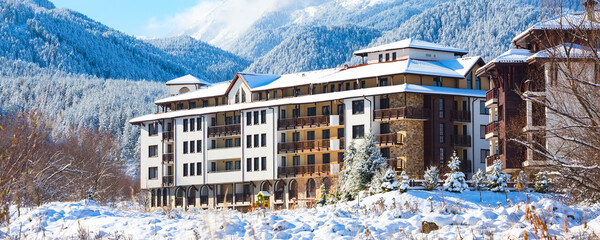 Houses and snow mountains panorama, Bansko