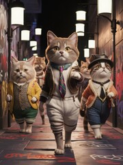 Fototapeta premium A group of cats walk fashionably in the city with different personalities.