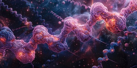 Highly Detailed Macroscopic Images of DNA Strands with Glowing Highlights and Intricate Cellular Backgrounds