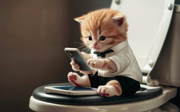 the kitty sitty in the toilet and playing phone for using internet