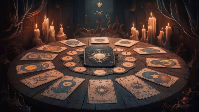 mystical tarot card spread on a wooden table. The cards are intricately illustrated with various symbols, including stars, moons, suns, and celestial beings. 3d 