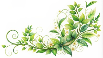 Delicate floral corner ornament adorned with lush green leaves and abstract lines, perfect for decorative design and print elements.