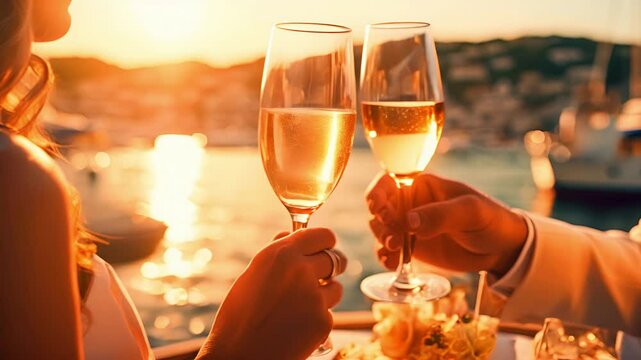 A couple clinks glasses of champagne at sunset on yacht, celebrating romantic evening by water with golden light reflections. Adventure, relaxation, sea cruise, honeymoon