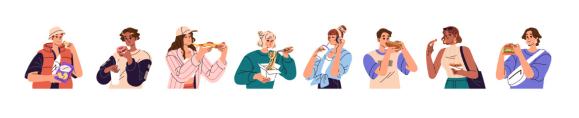 Happy people eat different fast food set. Young men and women bite fastfood, drink soda. Characters with burgers, pizza, hot dogs, noodle, chips. Flat isolated vector illustrations on white background