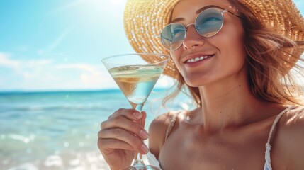 woman holding a martini cocktail glass on the beach