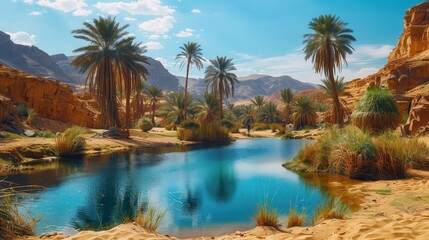A hidden oasis in the desert, home to a tribe of nomadic warriors, in white background