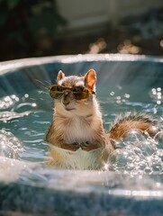 Charming chipmunk in sunglasses floating leisurely in a hot tub with bubbles, embodying relaxation and playful humor.
