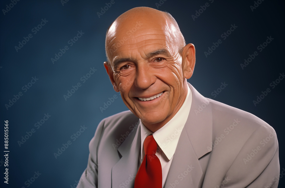 Wall mural Portrait Of An Elderly Man Smiling Warmly In A Light Grey Suit And Red Tie Against A Blue Background