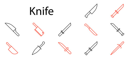 Knife set icon. Chef's knife, cleaver, dagger, hunting knife, kitchen, blade, sharp, utensil, tool, weapon, cutlery, combat, cooking, survival, cut.