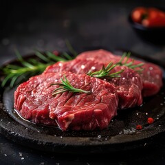 Raw Beef Steaks with Rosemary on Dark Plate