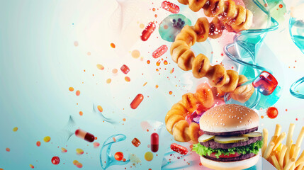 Junk food gene, as symbolized by hamburger with crispy fries surrounded by DNA strands and falling pills on light background. Nutrition science, health research, fast food effects, biotechnology