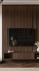 Fototapeta premium A minimalist style living room with an LED TV hanging on the wall, featuring dark wood cabinets and white walls. The cabinet features straight lines, modern simplicity