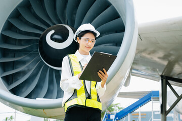 Female aviation engineer in safety gear inspecting an airplane engine, embodying professionalism...