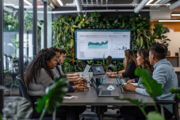 Diverse team of professionals working on laptops in a modern green office