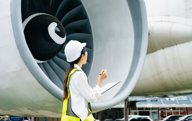 Female aviation engineer in safety gear inspecting an airplane engine, embodying professionalism...