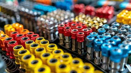 Obraz premium A close-up photo Different types of electrical wire connectors - wire nuts crimp connectors terminal blocks - displayed side-by-side each labeled with its appropriate use.