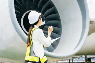 Female aviation engineer in safety gear inspecting an airplane engine, embodying professionalism...