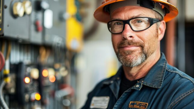 A close-up photo An electrician wearing a company uniform with a clear identification badge emphasizing professionalism and trust