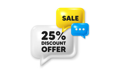 Discount speech bubble offer 3d icon. 25 percent discount. Sale offer price sign. Special offer symbol. Discount offer. Speech bubble sale banner. Discount balloon. Vector