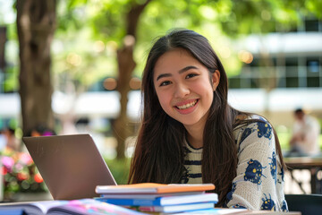 A Daytime Cafe Moment: Radiant Smile and Long Brown Hair in a Sunny Outdoor Setting