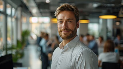 Fototapeta premium A professional man in a modern office environment, confidently posing and smiling at the camera. The background is filled with colleagues and office activity, highlighting a successful career.