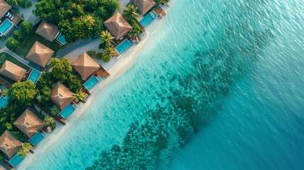 Fototapeta premium Abstract Paradise Background with Aerial View of Tropical Beach Villas Over Water. Beautiful Beach, Clear Blue Sea, and Sunny Overwater Bungalows. Ideal for Bestselling Summer Vacation, Retirement, Le