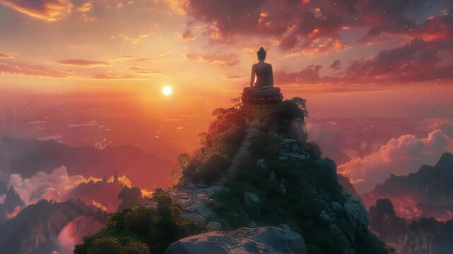 Video recreation of a statue of Buddha in a high rocky mountain at sunset