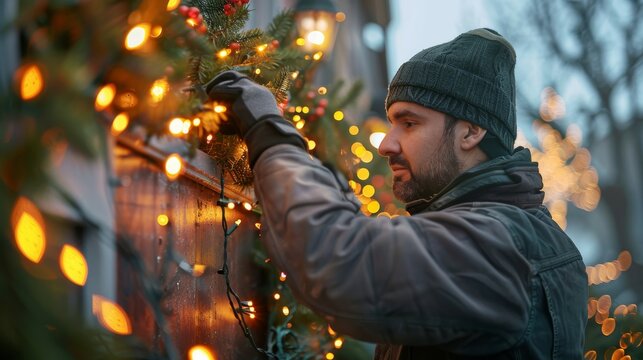 Show an electrician installing weatherproof outdoor outlets for garden lights power tools or holiday decorations.