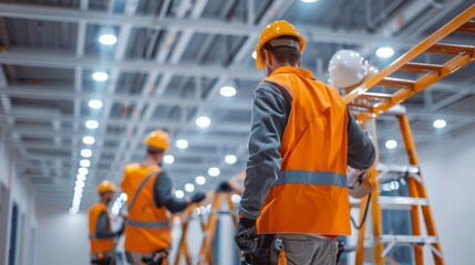 Team of electricians retrofitting a commercial building with energy-efficient LED lighting upgrades reducing energy consumption and operating costs.