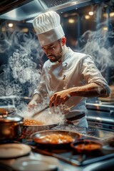 Professional chef is cooking restaurant dish on a hot stove in a kitchen