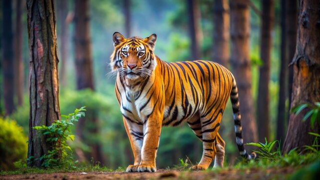 Majestic Bengal tiger with vibrant stripes stands proudly in lush Kabini National forest, showcasing powerful legs and regal head profile.
