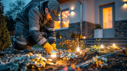 Worker installing outdoor landscape lighting fixtures in a residential garden enhancing curb appeal and security with low-voltage LED lighting solutions.