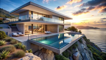Fototapeta premium Luxurious contemporary cliffside residence with sleek angular lines and infinity pool, showcased in breathtaking hyperrealistic digital rendering.