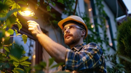 Obraz premium Worker installing outdoor motion-activated security lights in a residential backyard deterring intruders and enhancing home security.