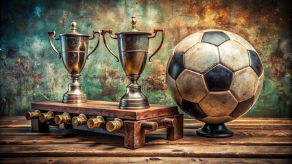 Vintage distressed poster featuring worn-out soccer ball, iconic foosball table, and classic tournament trophies on faded background.