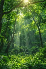 Obraz premium Sunlight shining through misty forest canopy