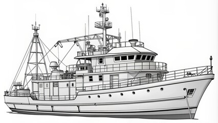 Obraz premium Detailed black and white linear outline illustration of a research vessel for coloring, isolated on a white background.