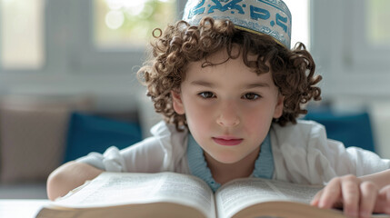 Young boy with curly hair and kippah reading a religious book in a bright, cozy room. Religious studies, childhood learning, cultural traditions, faith education, focused concentration concept.