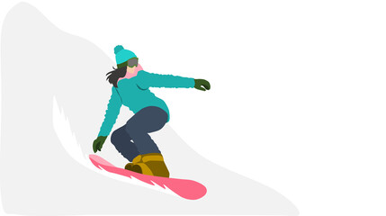 冬の雪山でスノボーする女性のイラスト