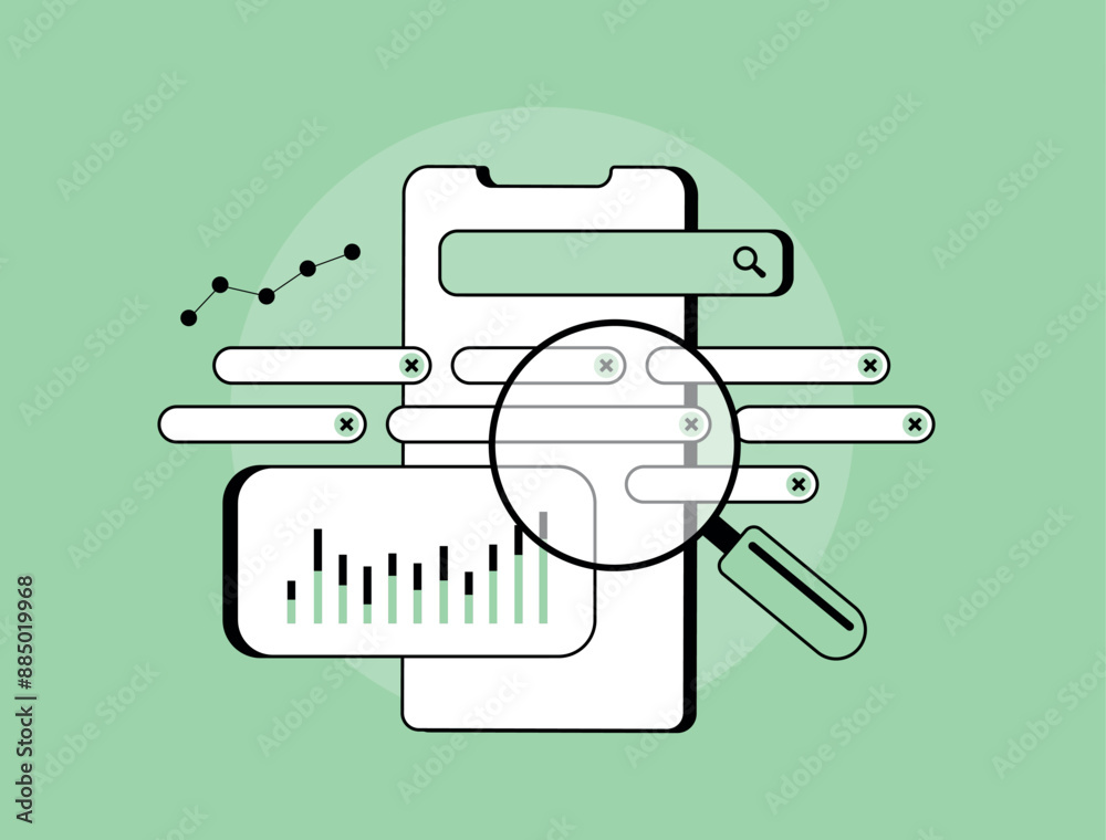 Wall mural Keyword analysis for SEO. Keyword ranking and research with volume and popular search phrases rank. SEO keyphrases research isolated vector illustration with icons