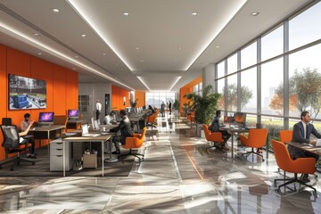 Office workers using computers in modern open plan workspace