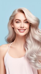 Fototapeta premium Smiling young woman with blond hair on pastel flat background with copy space
