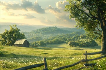 Obraz premium Idyllic countryside with farmhouse in rolling hills at sunset